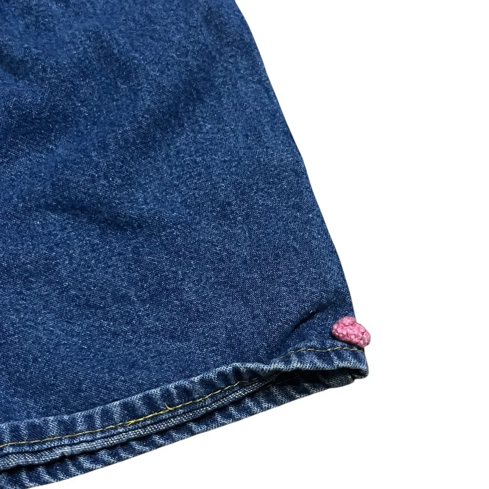 Vintage 90s Girls Pull On Blue Denim Shorts Pink Crotchet Flowers Size 5
